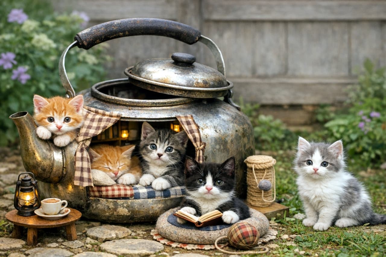 「大きなやかんが秘密基地🐾 注ぎ口から顔を出したり、中で寝たり、外で読書したり…5匹の子猫たちのほのぼのライフ💕」A photorealistic photograph. Five kittens are relaxing in and around a large, vintage metal kettle repurposed as a house on a stone-paved garden. An orange tabby kitten peeks out from the spout. The kettle has fabric curtains and is lit inside, where another orange tabby sleeps and a tabby-and-white kitten looks out. In front of the kettle, a black-and-white kitten lies on a cushion with an open book, while a grey-and-white kitten sits on the right. Miniature items like a lamp, coffee cup, and scratching post surround the kettle. 写実的な写真。石畳の庭に置かれた大きな古い金属製のやかんを家に見立てて、5匹の子猫がくつろいでいる。やかんの注ぎ口から茶トラの子猫が顔を出し、側面には布製のカーテンがかけられ、中には明かりが灯っている。やかんの中では別の茶トラの子猫が眠り、キジトラ白の子猫が外を見ている。やかんの手前では黒白の子猫がクッションに伏せて本を開いており、右側にはグレーと白の子猫がお座りしている。やかんの横にはミニチュアのランプやコーヒーカップ、爪とぎが置かれている