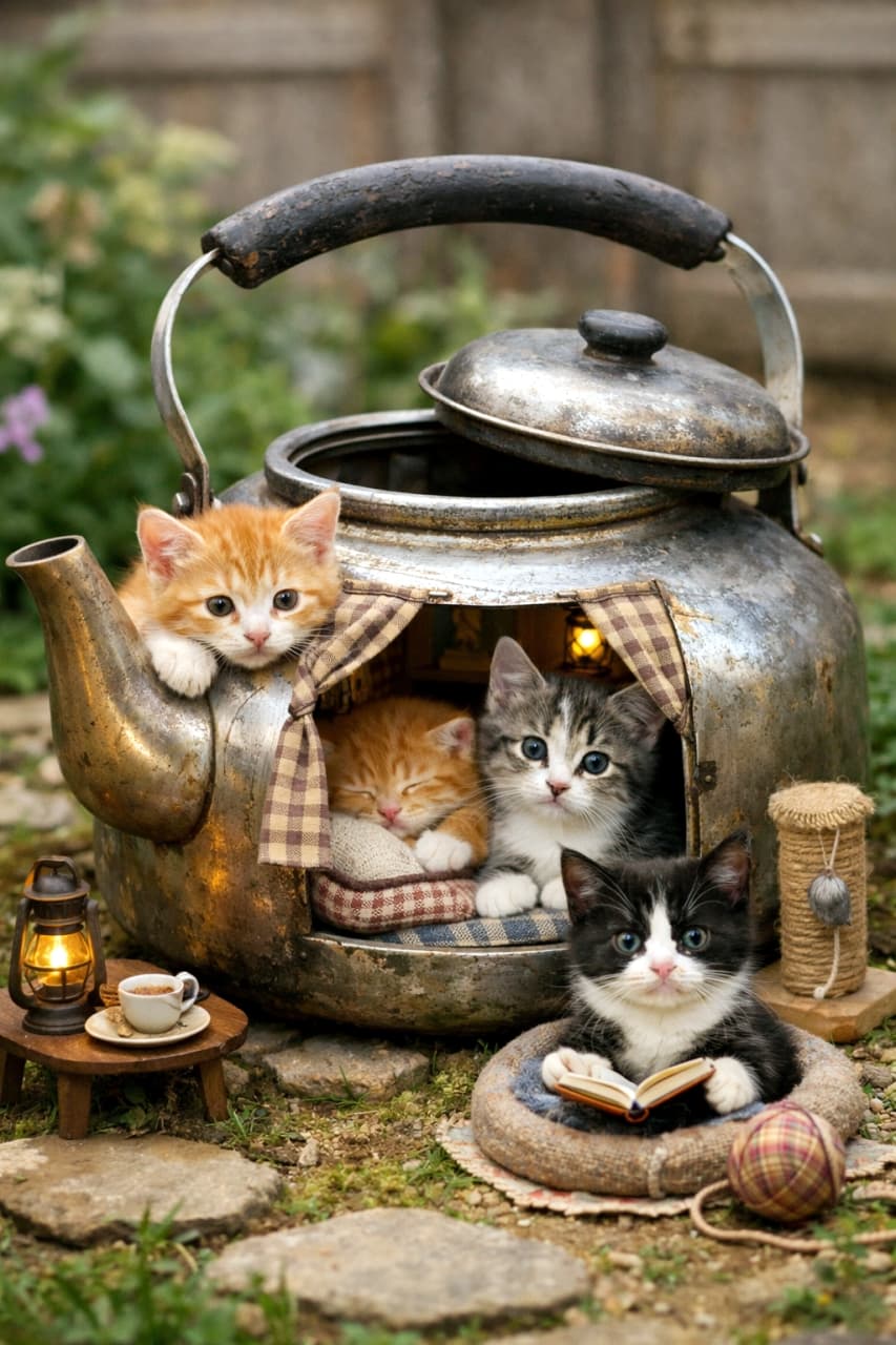 「アンティークなやかんがお家になっちゃった🐾 注ぎ口からひょっこり顔を出したり、本を読んだり、4匹の子猫たちに癒やされる💕」A photorealistic photograph. Four kittens are relaxing in and around a large, vintage metal kettle repurposed as a house on a stone-paved garden. An orange tabby kitten peeks out from the spout. The kettle has fabric curtains and is lit inside, where another orange tabby sleeps and a tabby-and-white kitten looks out. In front of the kettle, a black-and-white kitten lies on a cushion with an open book. Miniature items like a lamp, coffee cup, yarn ball, and scratching post surround the kettle. 写実的な写真。石畳の庭に置かれた大きな古い金属製のやかんを家に見立てて、4匹の子猫がくつろいでいる。やかんの注ぎ口から茶トラの子猫が顔を出し、側面には布製のカーテンがかけられ、中には明かりが灯っている。やかんの中では別の茶トラの子猫が眠り、キジトラ白の子猫が外を見ている。やかんの手前では黒白の子猫がクッションに伏せて本を開いている。やかんの横にはミニチュアのランプやコーヒーカップ、毛糸玉、爪とぎが置かれている