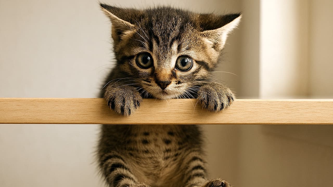 高い木製の棚の縁に前足で必死にしがみつき、後ろ足を宙にぶら下げたまま耳を後ろに傾け、目を大きく見開いた小さなキジトラ子猫。柔らかな自然光が毛並みを照らし、緊張感と可愛らしさが同居する瞬間
