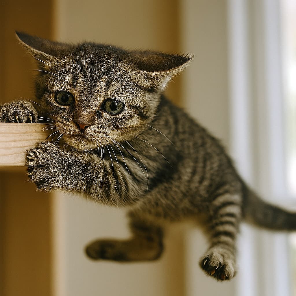 横長構図で、棚の端を必死に掴む子猫。前足の爪を食い込ませ、後ろ足はぶら下がり、しっぽが揺れている。窓からの自然光が毛並みを温かく照らすリアル写真風