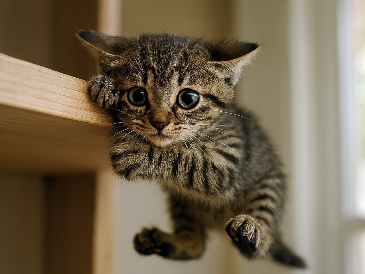 高い木製の棚の縁に前足でしがみつく小さな子猫。後ろ足は宙に浮き、耳を後ろに伏せ、瞳を大きく見開いている。柔らかな自然光が毛並みを照らすリアル写真風