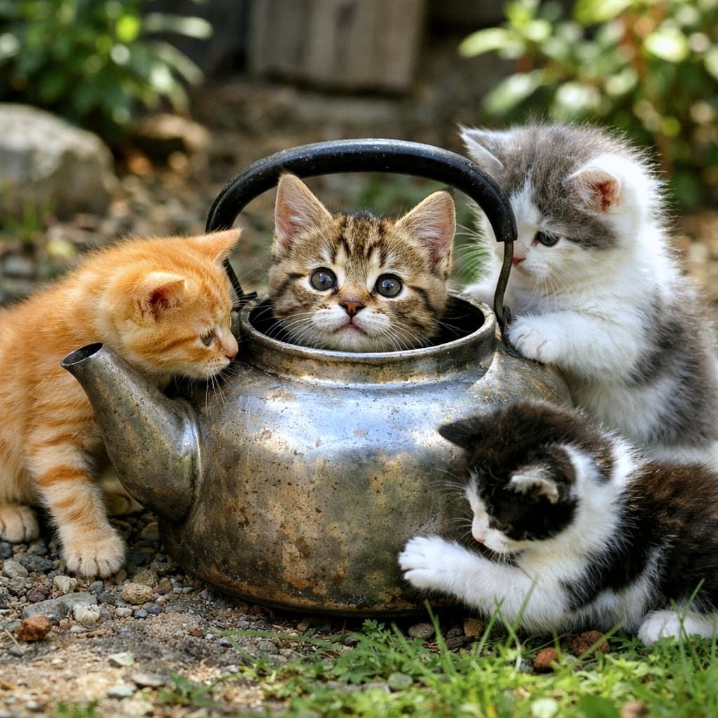 「やかんの中は、子猫だけの秘密基地！」Several playful kittens gather around an old, lidless metal kettle lying on its side in a sunny garden. One kitten has climbed inside and pokes its head out through the open top, looking curious and alert. Another kitten stands with its paws on the rim, peering inside, while others explore the spout or bat at the handle. Soft natural light highlights the worn metal surface and the kittens’ fluffy fur, creating a warm, whimsical scene. 庭に転がったフタのない金属製のやかんで、子猫たちが楽しそうに遊んでいる。1匹は中に入り、上部の開口部からひょっこり顔を出してこちらを見つめている。別の子猫は縁に前足をかけて中をのぞき込み、ほかの子たちは注ぎ口を調べたり、取っ手にじゃれたりしている。自然光がやかんの質感と子猫たちのふわふわした毛並みをやさしく照らし、ほのぼのとした雰囲気を作っている