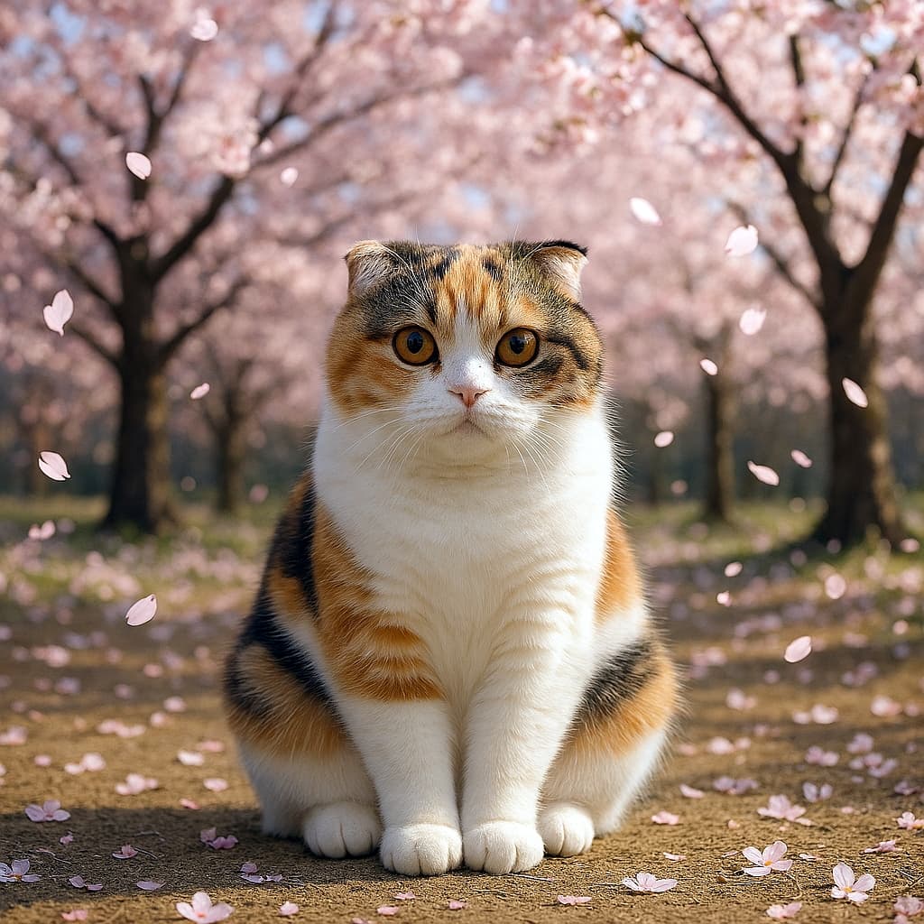 三毛のスコティッシュフォールドが満開の桜の下で佇んでいる Calico Scottish Fold cat sitting under full-bloom cherry blossoms.