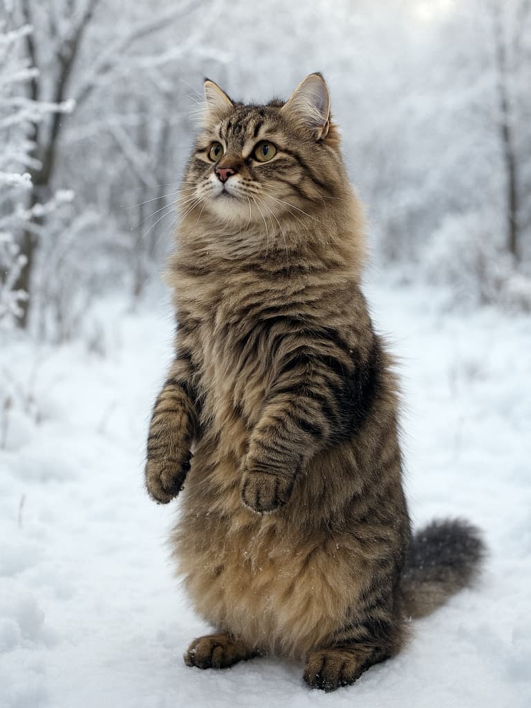 冬の雪庭で立ち上がるふわふわのシベリアン猫。後ろ足で直立し、前足を胸元に揃え、緑がかった瞳で空を見上げる。背景は霜と雪に覆われた木々が静かに広がる