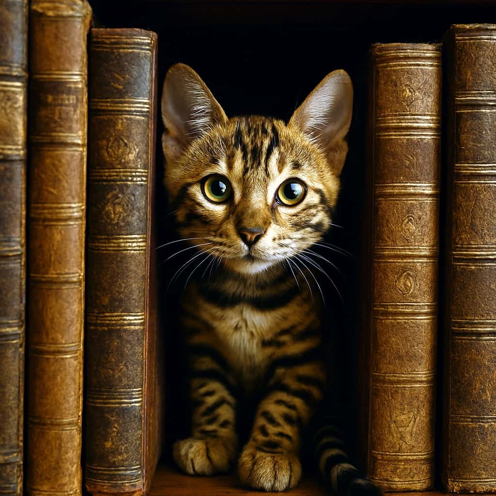 A teaspoon of curiosity from between the bookshelves 古書に囲まれた木製の本棚の隙間から顔を覗かせるベンガル子猫。ゴールドグリーンの瞳にキャッチライトが入り、縞模様の尾が右側に伸びている。アンティーク調の書籍と暖色の室内光が、静かな好奇心を引き立てている