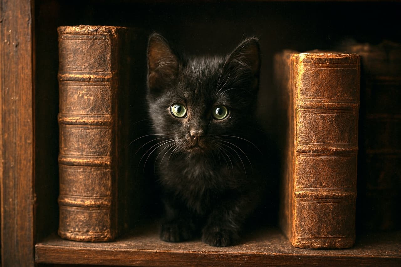 木製の本棚の隙間に黒い子猫が座っている。両脇には厚くて古びた革表紙の本が並び、子猫は緑色の瞳でカメラを真っ直ぐ見つめている。柔らかな映画風の光が差し込み、空気中には埃が舞っている