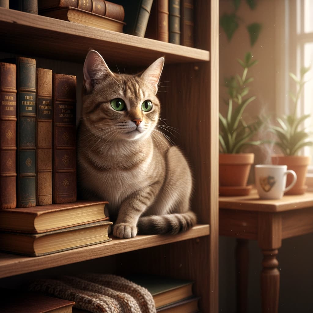 木製の本棚に座る緑目のキジトラ猫。古書に囲まれ、下段には織物のラグ。奥には観葉植物と湯気の立つカップが置かれたテーブル。窓から差し込む柔らかな光が、室内に温もりを添えている