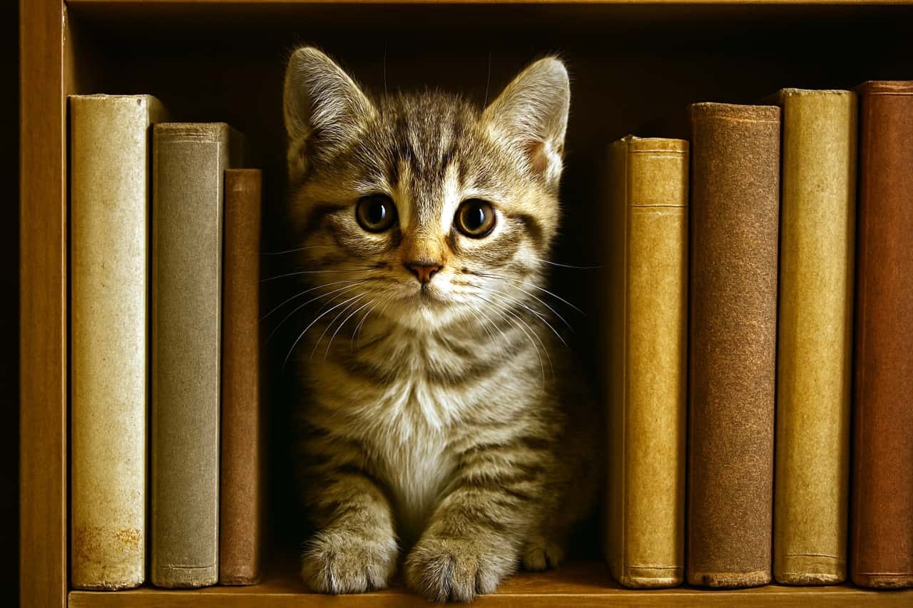 本棚のすきまに、にゃん学者！木製の本棚の隙間にちょこんと座る子猫。アンティーク本に囲まれ、好奇心いっぱいの瞳でカメラを見つめている。 A curious tabby kitten nestled between vintage books on a wooden shelf, gazing directly at the camera with wide, expressive eyes.