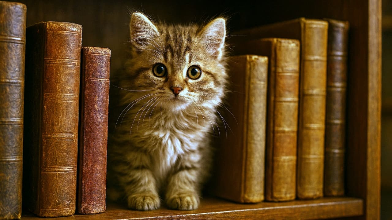 A fluffy kitten nestled between vintage books on a wooden shelf, gazing curiously at the camera in a warm, cozy indoor scene. ふわふわ子猫が古書に囲まれて本棚でまったり。好奇心いっぱいの瞳がカメラを見つめる、ぬくもり溢れる室内シーン