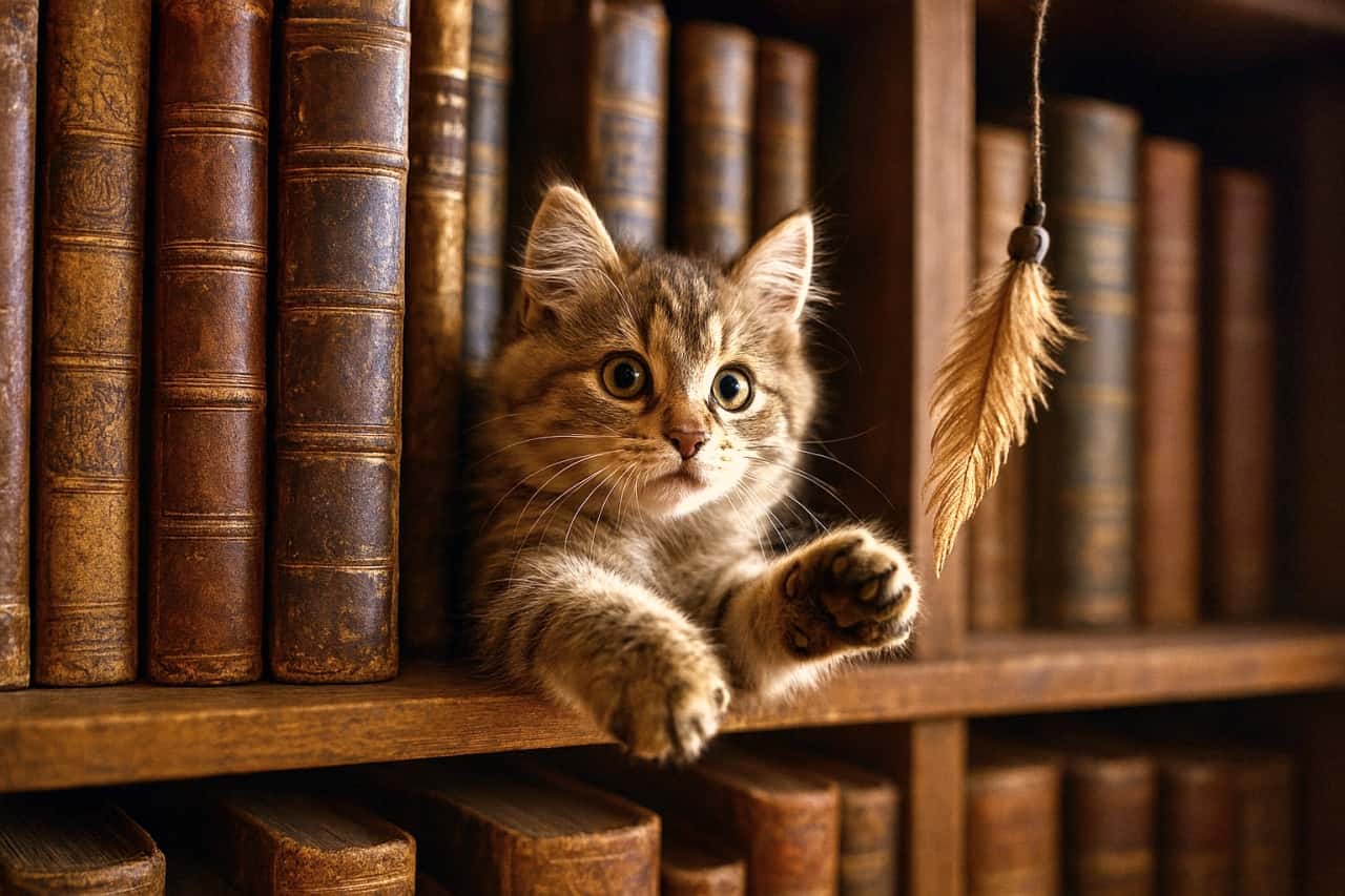 アンティーク本が並ぶ木製の本棚の隙間から、ふわふわの子猫が顔を覗かせている。右前足を伸ばして、宙に揺れる羽根のおもちゃに触れようとしており、好奇心に満ちた瞳が輝いている。暖かい光が本と毛並みに柔らかく差し込み、静かな空間に遊び心が漂う