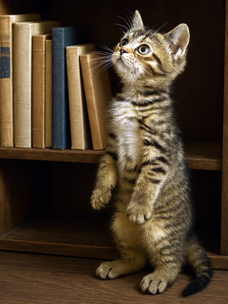 木製の本棚の前で後ろ足で立ち上がり、上を見つめる好奇心旺盛な子猫。縞模様の毛並みに白い胸元が映え、周囲の古書と柔らかな光が知的で温もりある雰囲気を演出している　にゃんてんは「にゃん＋天（空・高み）」