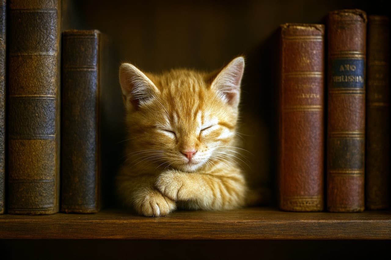 A small kitten sleeps peacefully between vintage books on a wooden bookshelf, paws tucked in, bathed in soft warm light in a tranquil, cozy setting. ヴィンテージ本に囲まれて木製の本棚で眠る子猫。前足を丸めて穏やかな表情を浮かべ、柔らかな暖色の光に包まれた静かなシーン