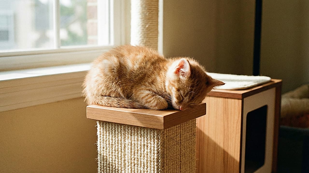 「ぽかぽか日差しの中、キャットタワーの角っこでスヤスヤ💤 芋虫みたいな丸っこいフォルムがたまらん🐾💕」A ginger kitten, under 8 weeks old, sleeping curled up on a square wooden platform of a scratching post in the sunlight. It looks like a little furry caterpillar resting securely. 日差しを浴びるキャットタワーの四角い木製台座の上で、丸まって眠る生後8週未満の茶トラの子猫。足をたたんで小さな芋虫のようにくっついてお昼寝している