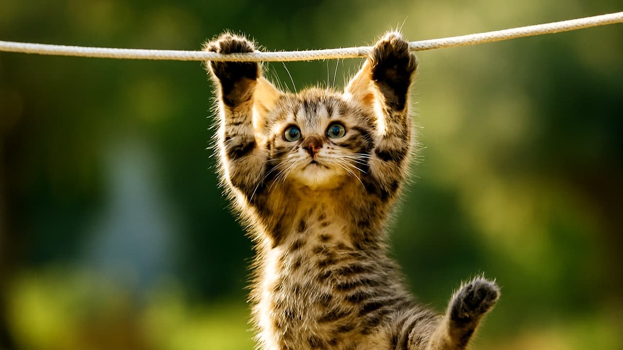 屋外の柔らかな日差しの下、洗濯ロープに前足でしがみつき、後ろ足を空中でバタつかせる子猫。横長構図で、ロープは子猫の頭上にあり、子猫は万歳するように前足を伸ばしている。「洗濯ロープにしがみついて、思わずバンザイ！ 後ろ足は空中でバタバタ、柔らかな日差しに包まれた小さな冒険者です。」