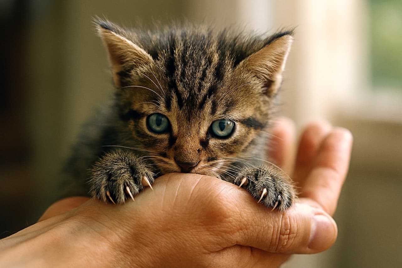 人の手のひらに小さな爪でしがみつき、指の間に鼻先を埋めて安心する子猫。自然光に包まれたリアルな横長写真