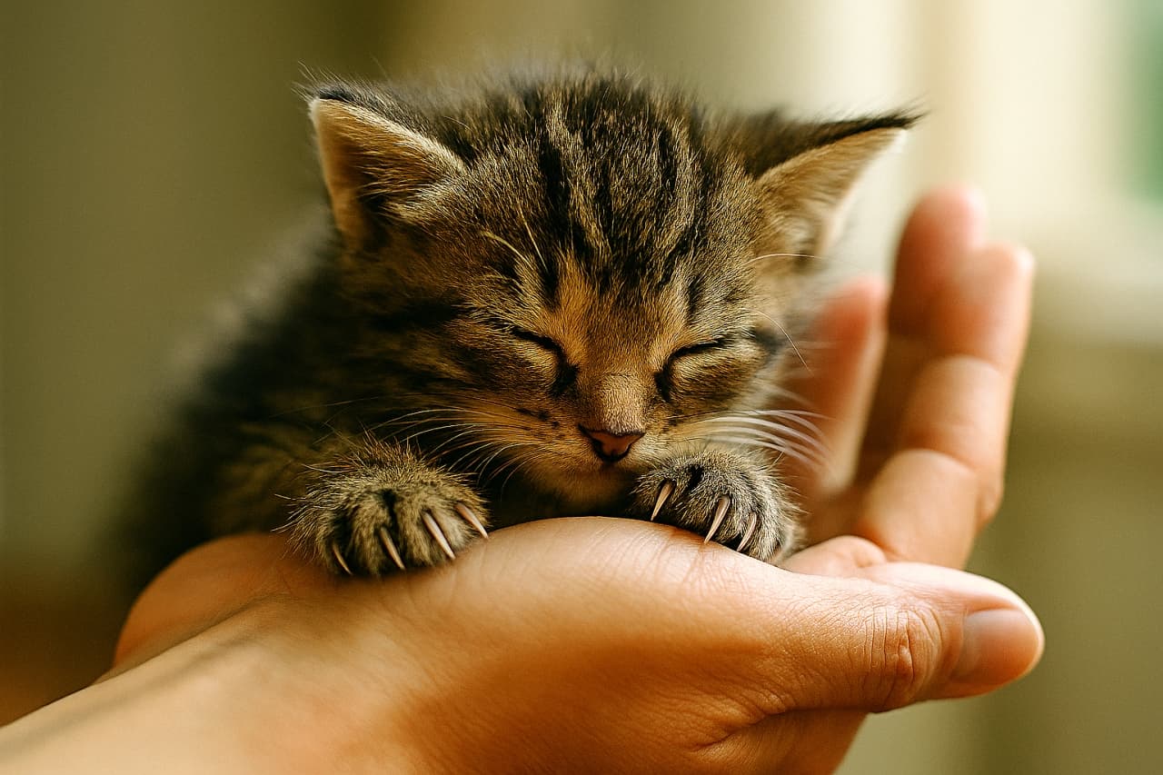 人の手に抱かれ、目を閉じて鼻先を指の間にうずめる子猫。小さな爪でそっと押さえながら眠りに落ちそうな縦構図の写真