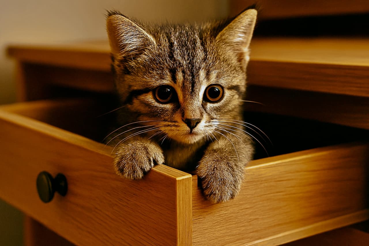低い視点から見上げる構図で、引き出しにしがみつく子猫。大きな瞳に緊張感が宿るフォトリアルな室内シーン