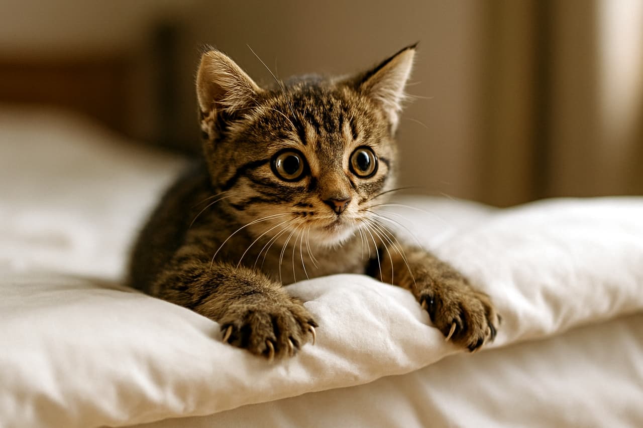 掛け布団の端に爪を立て、ずり落ちそうになりながら目をきょろきょろ動かす子猫のリアル写真風、室内