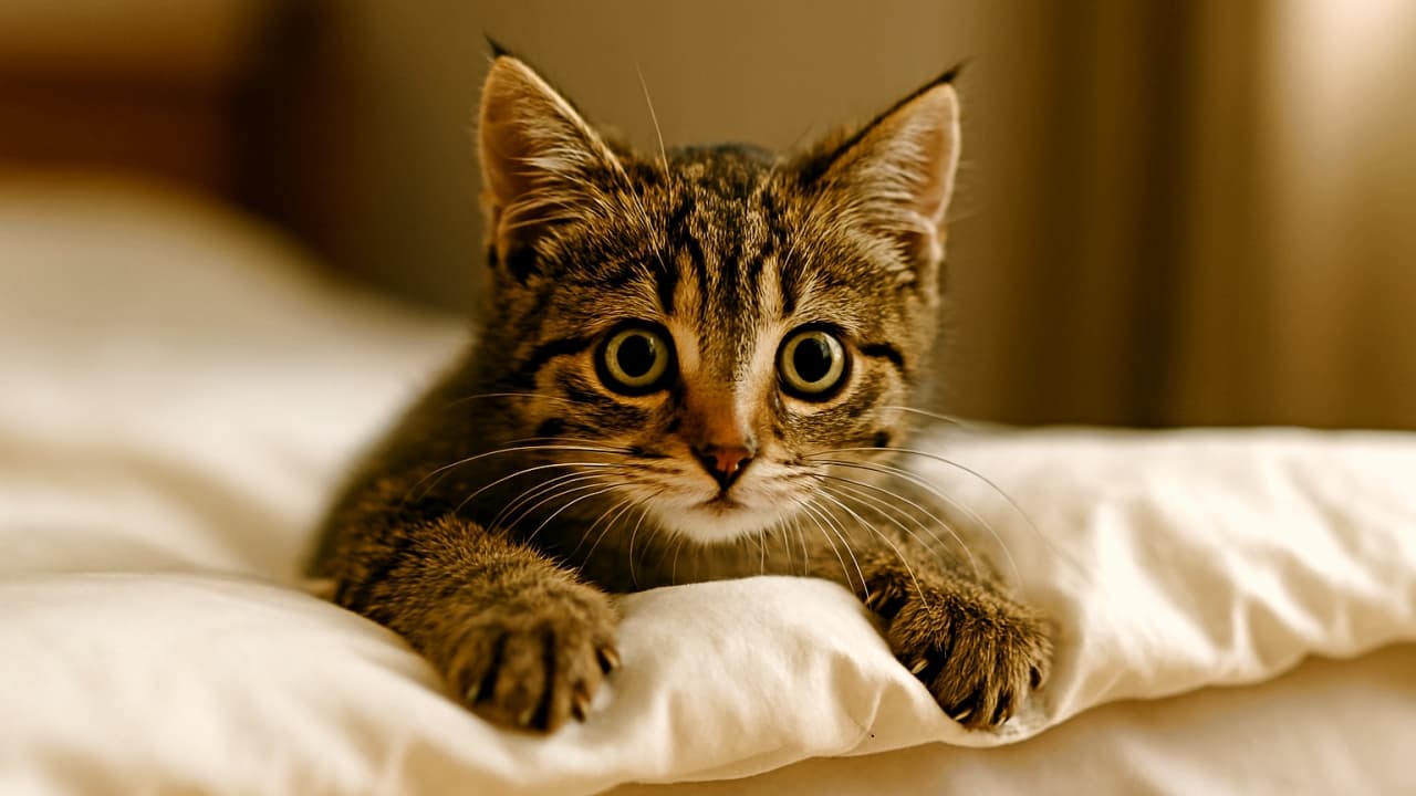 「ふんばれ！掛け布団アドベンチャー」掛け布団の端にしがみつき、大きな目で周囲を見回す子猫のリアル写真風、室内光。“Hanging on with all my tiny strength!”