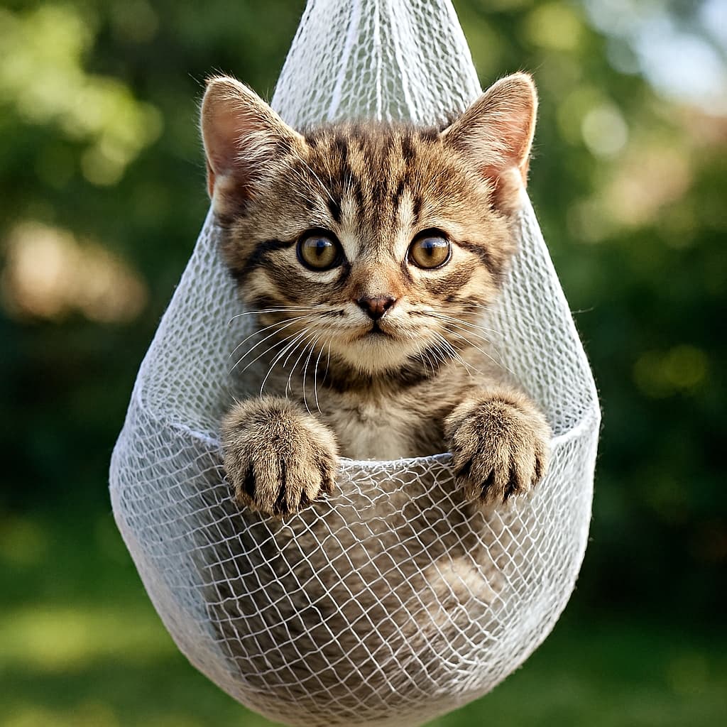 縦構図で、白い洗濯ネットに入った子猫が前足でメッシュをつかみ、外の自然光を浴びながら揺れている様子