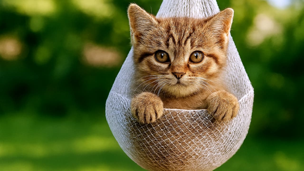 横長構図で、白いメッシュのハンモックに入った子猫が前足でネットを握りしめ、緑の背景に浮かぶように揺れている様子