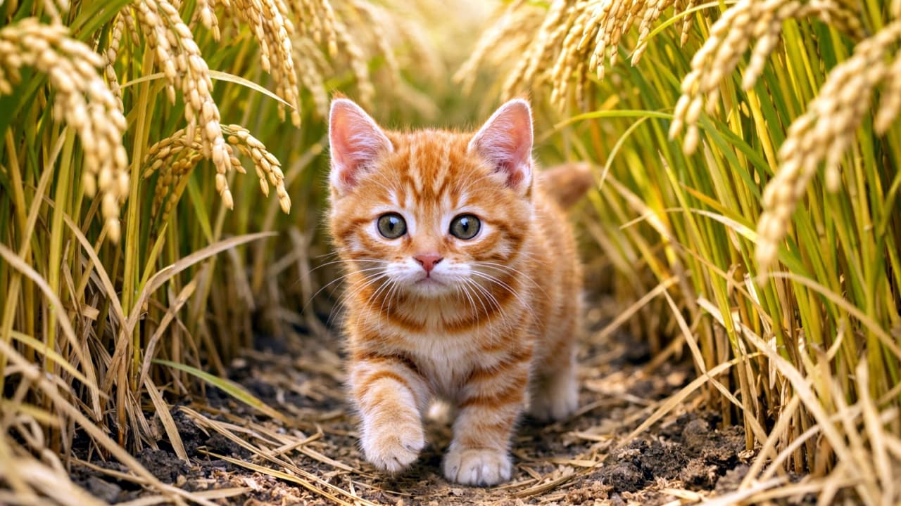 「黄金色のトンネルを大冒険!🐾🌾 カメラ目線で一歩踏み出すよ✨ #探検猫 #猫の日常」An ultra-realistic high-quality photograph of a ginger tabby kitten walking forward directly towards the camera down a "tunnel" created by rows of golden ripe rice stalks. The kitten is mid-stride and looking straight at the lens. Strong perspective from the rice stalks with detailed texture. 黄金色の実った稲穂の「トンネル」を、茶トラの子猫がカメラに向かってまっすぐ歩みを進めている。子猫は正面を向き、しっかりとした足取りで一歩踏み出そうとしている。遠近感のある構図と、豊かな稲の質感が美しい、最高画質のリアルな写真 「黄金色のトンネルを大冒険!🐾🌾 カメラ目線で一歩踏み出すよ✨ #探検猫 #猫の日常」An ultra-realistic high-quality photograph of a ginger tabby kitten walking forward directly towards the camera down a "tunnel" created by rows of golden ripe rice stalks. The kitten is mid-stride and looking straight at the lens. Strong perspective from the rice stalks with detailed texture. 黄金色の実った稲穂の「トンネル」を、茶トラの子猫がカメラに向かってまっすぐ歩みを進めている。子猫は正面を向き、しっかりとした足取りで一歩踏み出そうとしている。遠近感のある構図と、豊かな稲の質感が美しい、最高画質のリアルな写真