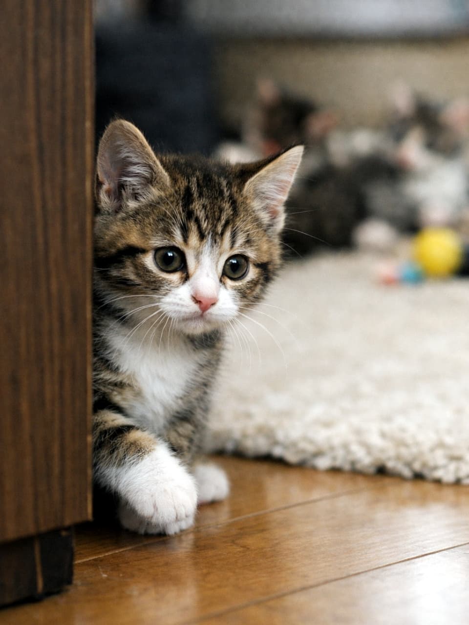「遊びたい気持ちと緊張の間で揺れる子猫。一歩踏み出そうと前足を少しだけ出しますが、まだ勇気ゲージが満タンにならず引っ込めてしまいます。 #猫見知り #子猫の成長 #保護猫」A vertical photograph of a shy tabby and white kitten peeking from behind wooden furniture, hesitating to step forward toward other kittens playing in the background. 木製家具の陰から顔を覗かせ、奥で遊ぶ子猫たちを見つめながら前足を少しだけ踏み出そうと躊躇しているキジ白の子猫の縦構図の写真