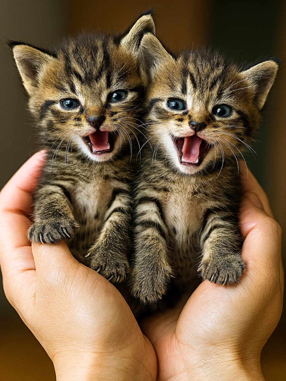 両手に抱えられた2匹の小さなキジトラ子猫。青い目を大きく開き、口を開けて鳴いている。前足が指にちょこんと乗り、左右対称に並んでいる姿が愛らしい