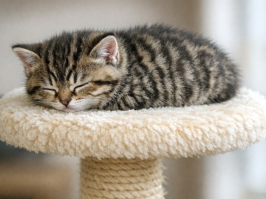 A tiny tabby kitten, under 8 weeks old, sleeping completely flat on a round, fluffy cat tree platform. Its front paws are tucked in, making it look exactly like a little fuzzy caterpillar clinging to the surface. キャットタワーの丸くてフワフワな台座の上に、完全に平べったくへばりついて眠る生後8週未満のキジトラの子猫。前足を体の下に隠し、まるでモフモフの芋虫のような愛らしい姿