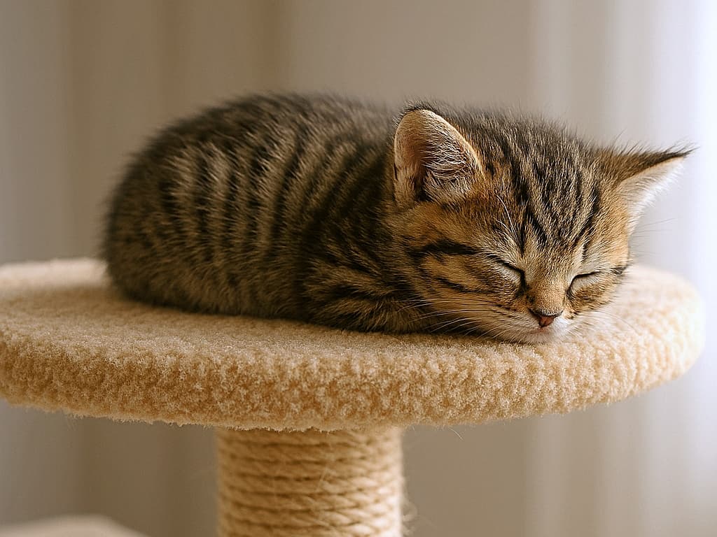 A small tabby kitten, under 8 weeks old, sleeping on its side, plastered to a round fluffy cat tree platform. With its paws hidden and face resting flat, it resembles a sleepy caterpillar. キャットタワーの丸い起毛台座の上で、少し横向きになってへばりつくように眠る生後8週未満のキジトラの子猫。足を隠して頬をペタッとくっつけて眠る姿は可愛い芋虫そのもの