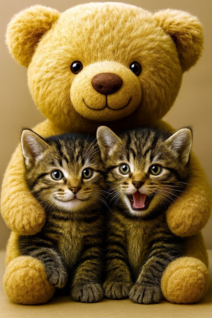 大きなテディベアに抱かれる２匹の子猫。左の子は穏やかな笑顔で、自然に復元された耳と柔らかな毛並みが光を受けて輝いている。右の子は口を開けて鳴いており、２匹の表情の対比が愛らしい。背景は温かみのあるブラウン