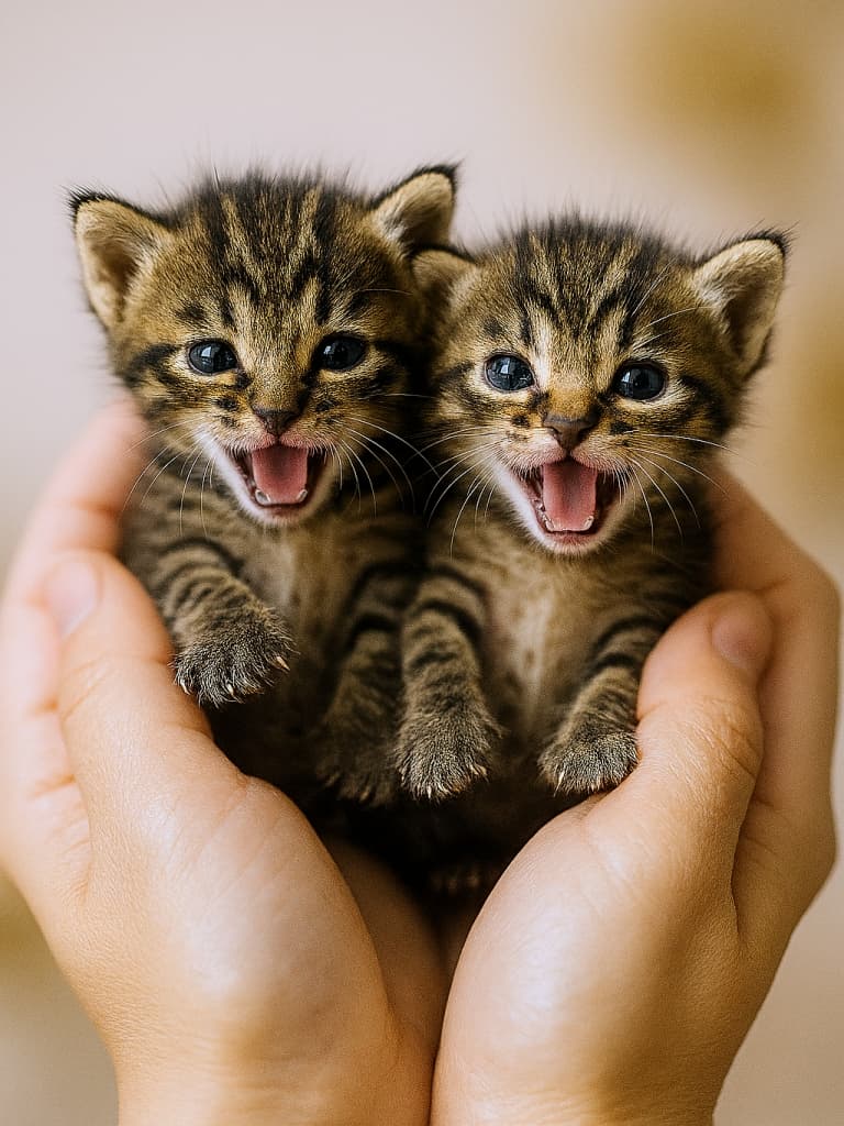 人の両手に大切に抱えられた二匹の小さなキジトラ子猫。並んで口を開けて鳴いており、青みがかった大きな目を見開いている。柔らかな縞模様の毛並みと、背景のやわらかなボケ感が、愛らしさと安心感を引き立てている