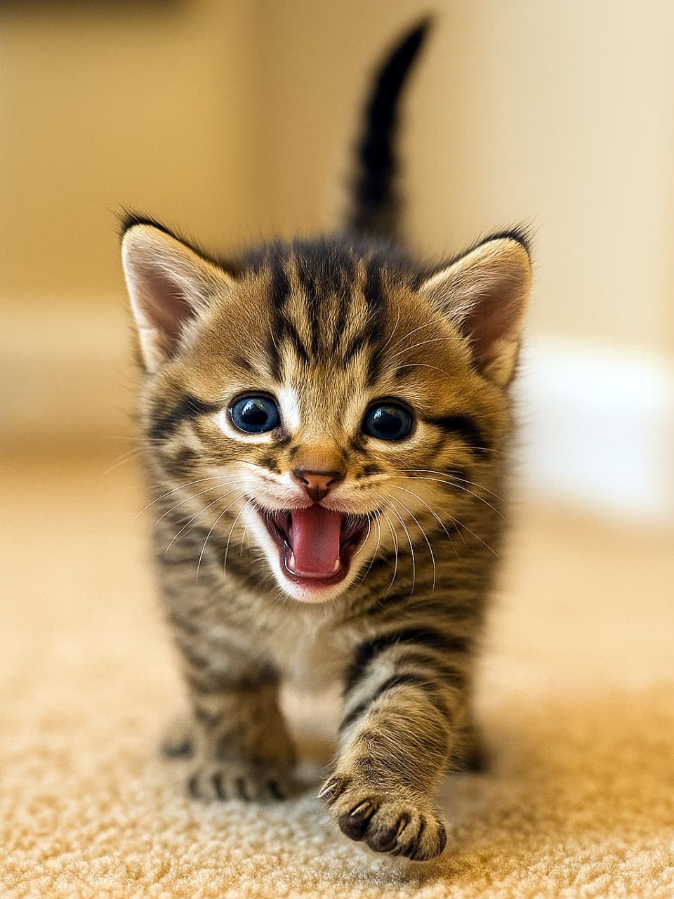 カーペットの上をこちらに向かって歩く、青い瞳の小さな茶トラ子猫。口を開けて鳴きながら、一歩を踏み出す瞬間を捉えた写真
