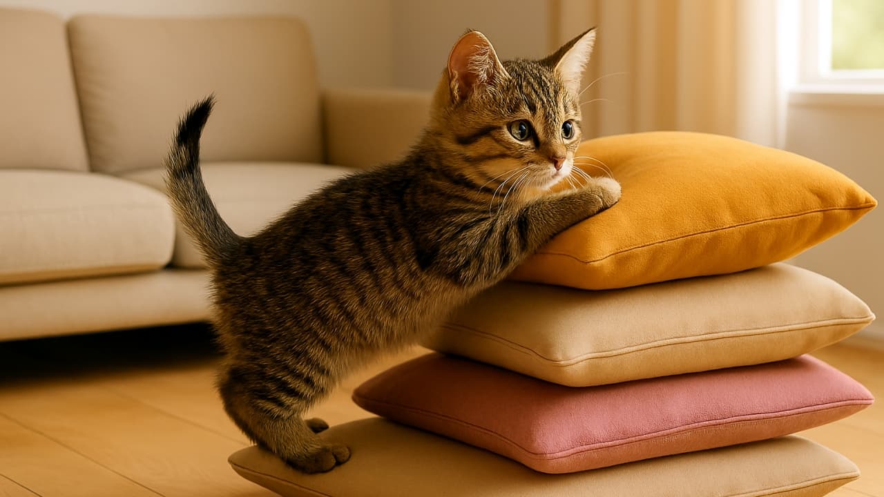 薄い木目の床に積み重ねられた4色のクッション（上からマスタードイエロー、ベージュ、ピンク、ベージュ）の上に、小柄なトラ柄の子猫が乗っている。前足は最上段の黄色いクッションにかかり、後ろ足はピンクのクッションにしっかり乗っている。子猫は好奇心に満ちた表情で前方を見つめ、尻尾は軽く持ち上がっている。背景にはベージュのソファと柔らかな光が差し込む窓があり、部屋全体が温かく穏やかな雰囲気に包まれている