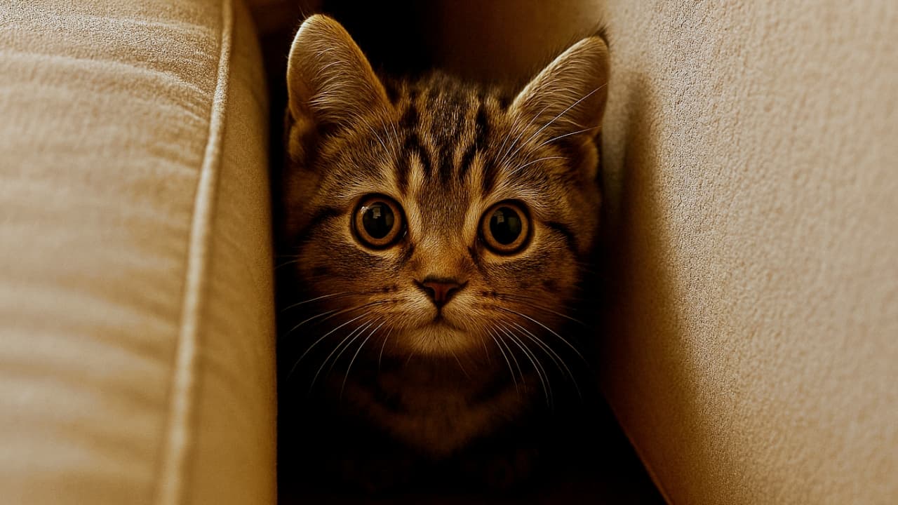 暖色の光に包まれたベージュのソファと壁の隙間から顔を覗かせるキジトラ柄のマンチカン子猫。大きな瞳でカメラを見つめ、柔らかな毛並みと警戒心を帯びた表情が愛らしい