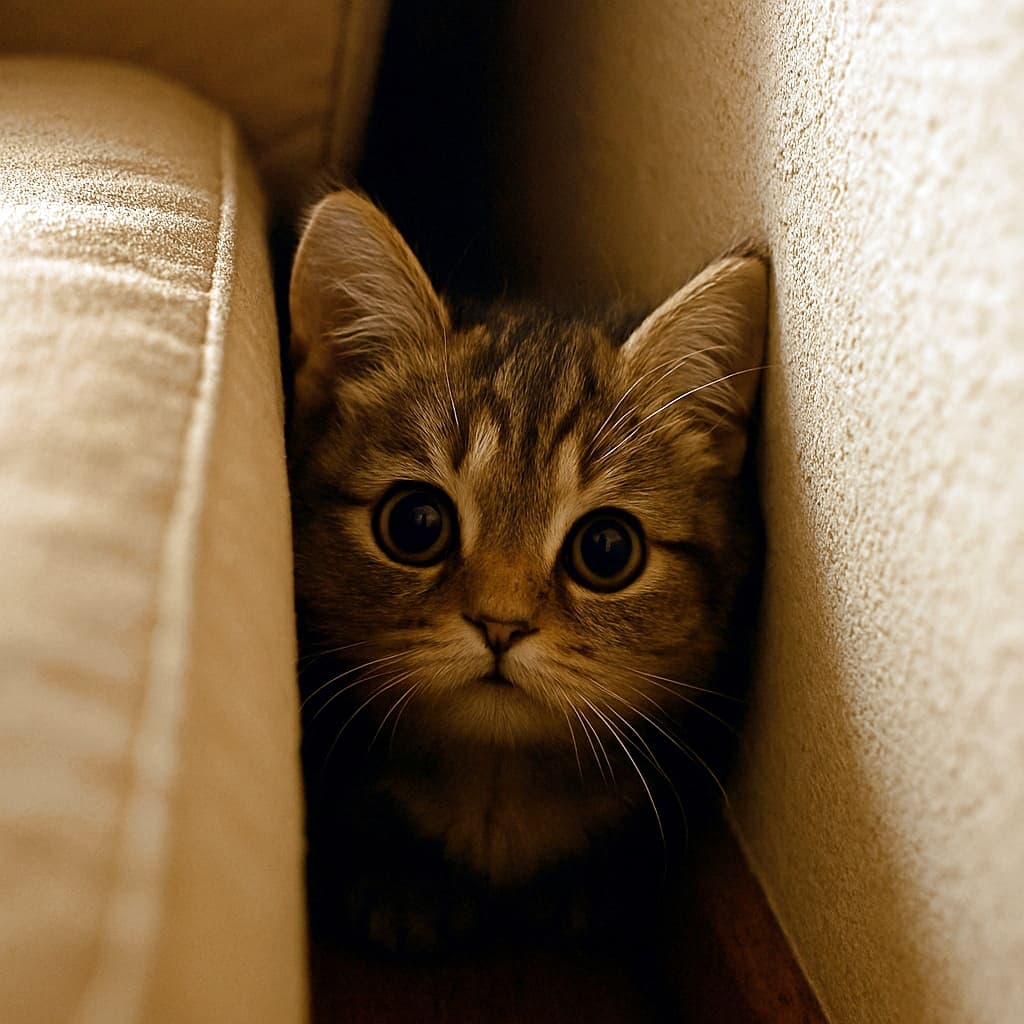ソファと壁のすき間にすっぽり収まり、大きな瞳でこちらを見つめる縞模様の子猫。暖かい照明がやさしい陰影を作り、安心感と好奇心が同居する表情をしている。