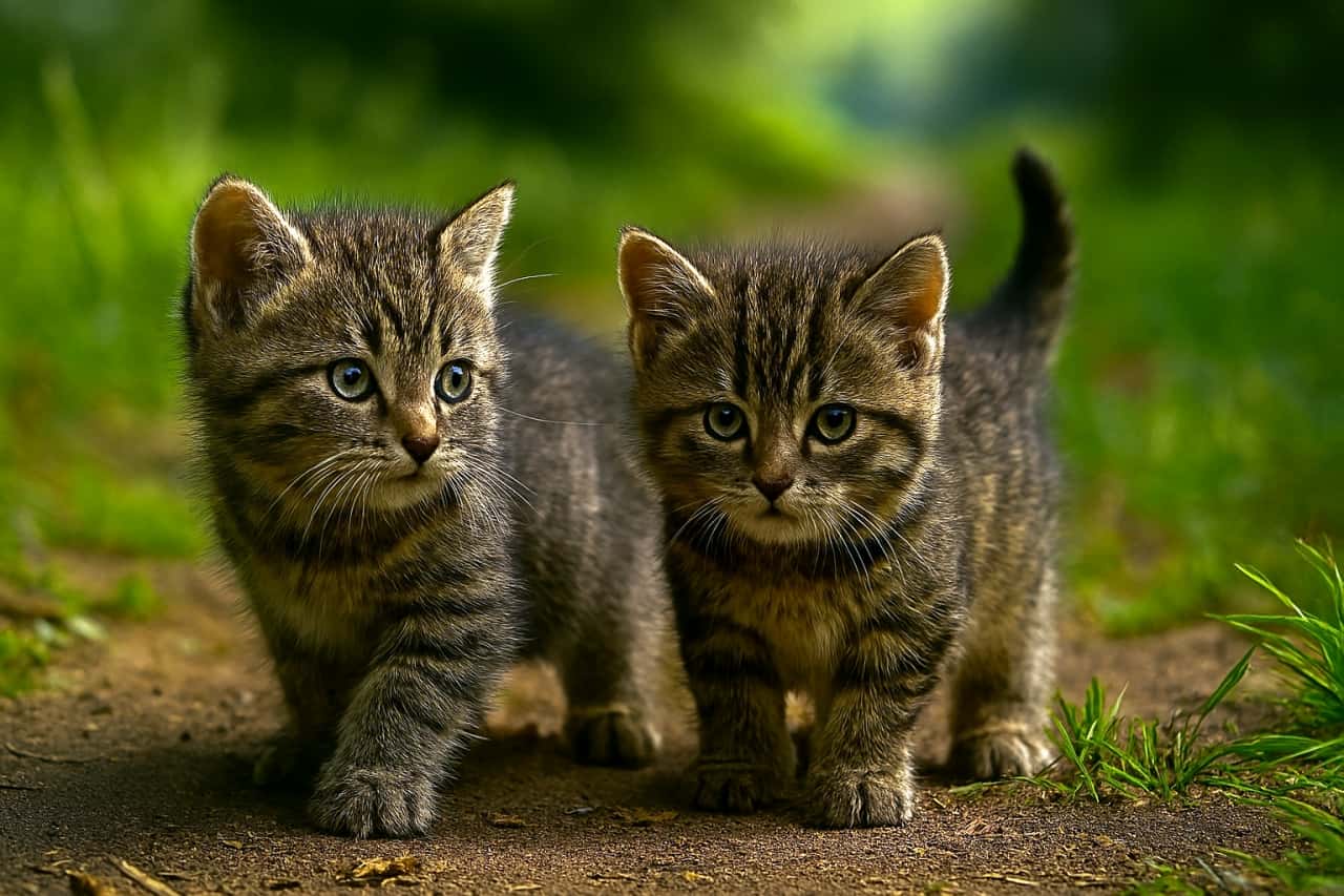 小道の途中で立ち止まり、周囲を警戒する兄弟猫。兄は後方を見渡し、弟は前方を見つめて緊張感を漂わせる。探検の合間に見せる慎重な表情が印象的な写真