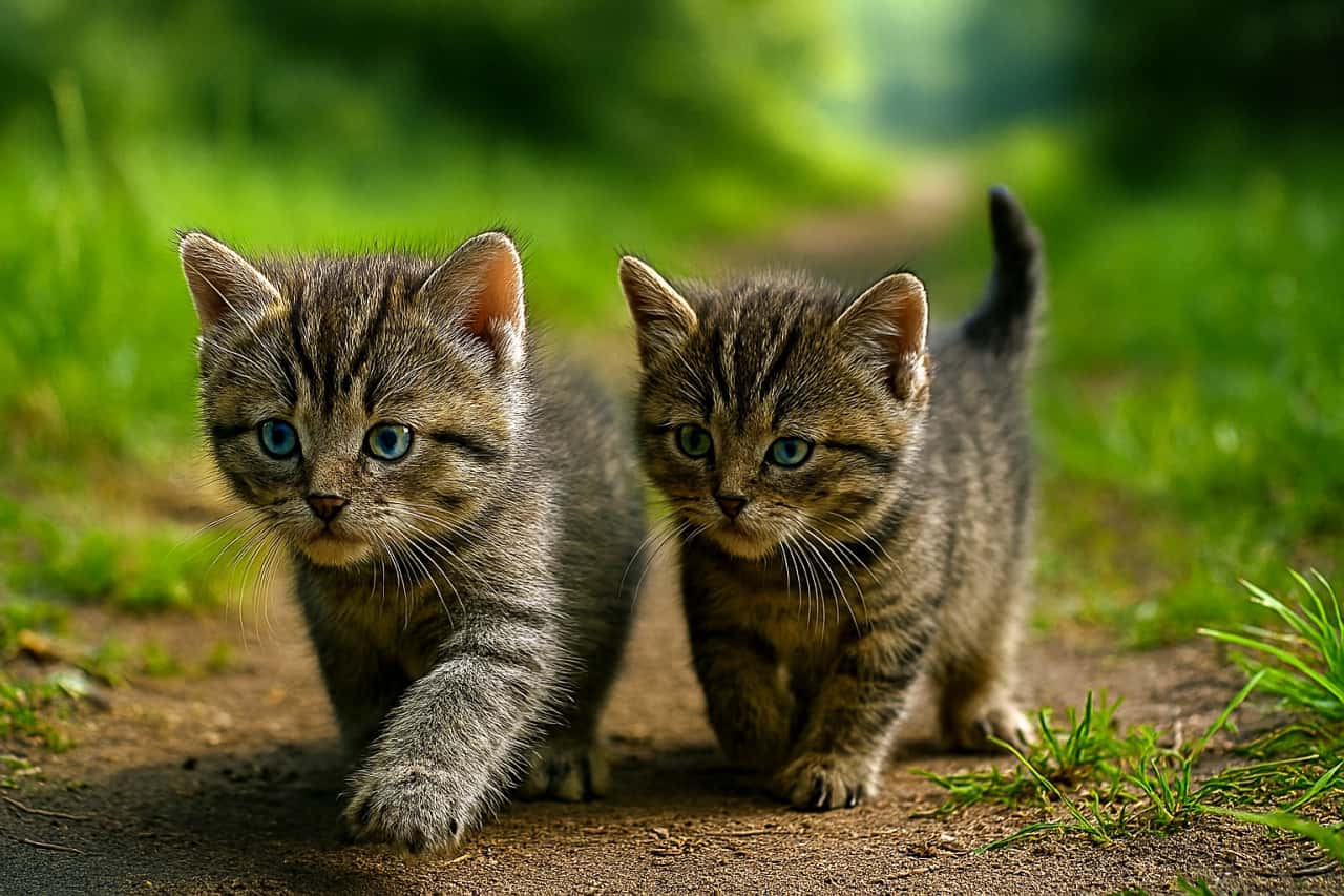 はじめて小道に踏み出した兄弟猫。先を歩く子は好奇心いっぱいに前を見つめ、後ろの子は少し緊張しながらついていく。自然光に包まれた探検の始まりを描いた写真