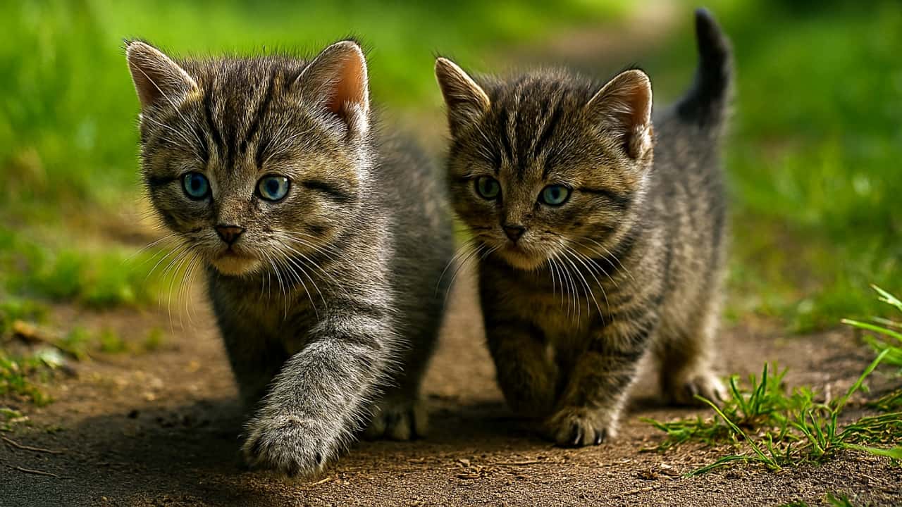 はじめて小道に踏み出した兄弟猫。先を歩く子は好奇心いっぱいに前を見つめ、後ろの子は少し緊張しながらついていく。自然光に包まれた探検の始まりを描いた写真（アイキャッチ画像）