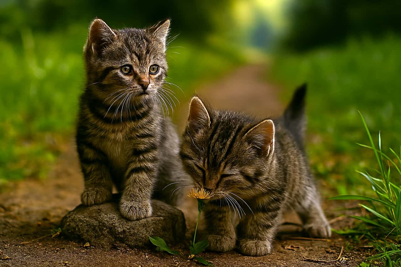 兄猫は小さな岩に前足をかけて周囲を見渡し、弟猫は道端の花に鼻を近づけて匂いを確かめている。探検の中で性格の違いが表れる兄弟猫の姿を捉えた写真