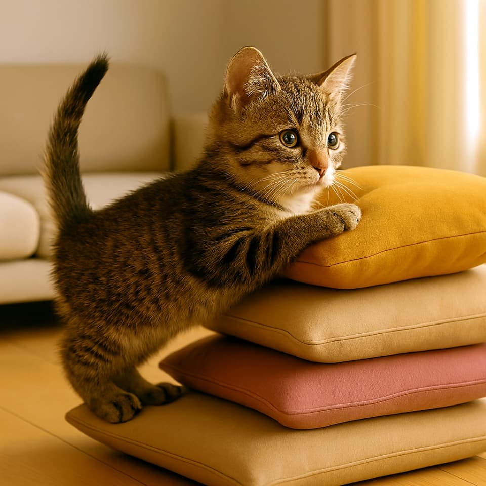 4段のカラフルなクッションに前足をかけて立ち上がる子猫。柔らかな日差しが差し込むリビングで、好奇心いっぱいに何かを見つめている。
