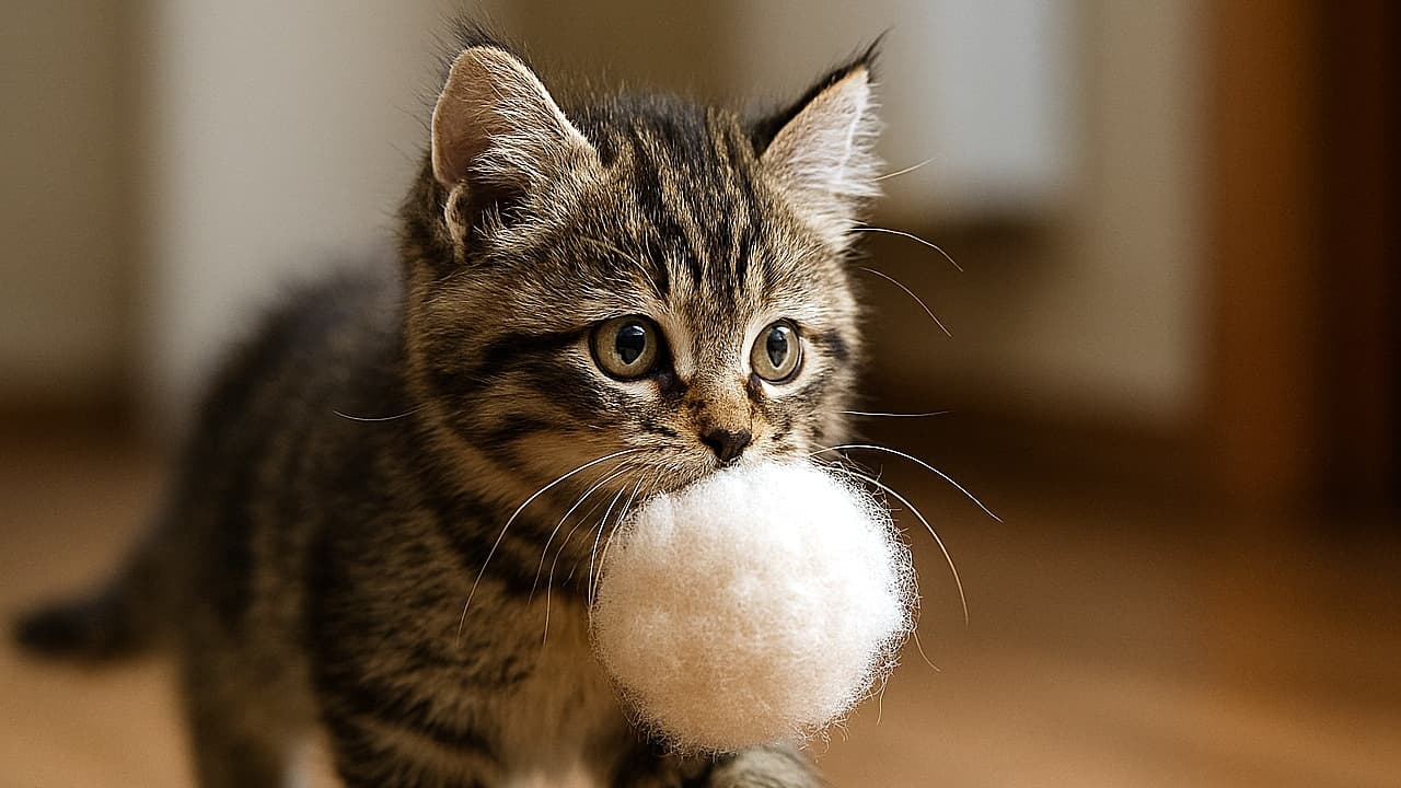 ふわふわの白い毛玉をくわえ、置き場所を探すように室内を歩き回る灰色縞模様の子猫。柔らかな毛並みや長いひげ、丸い瞳まで精密に描かれたリアル写真風。Realistic photo of a gray tabby kitten carrying a fluffy white ball in its mouth, wandering indoors as if searching for a place to put it, with highly detailed fur, whiskers, and round eyes.