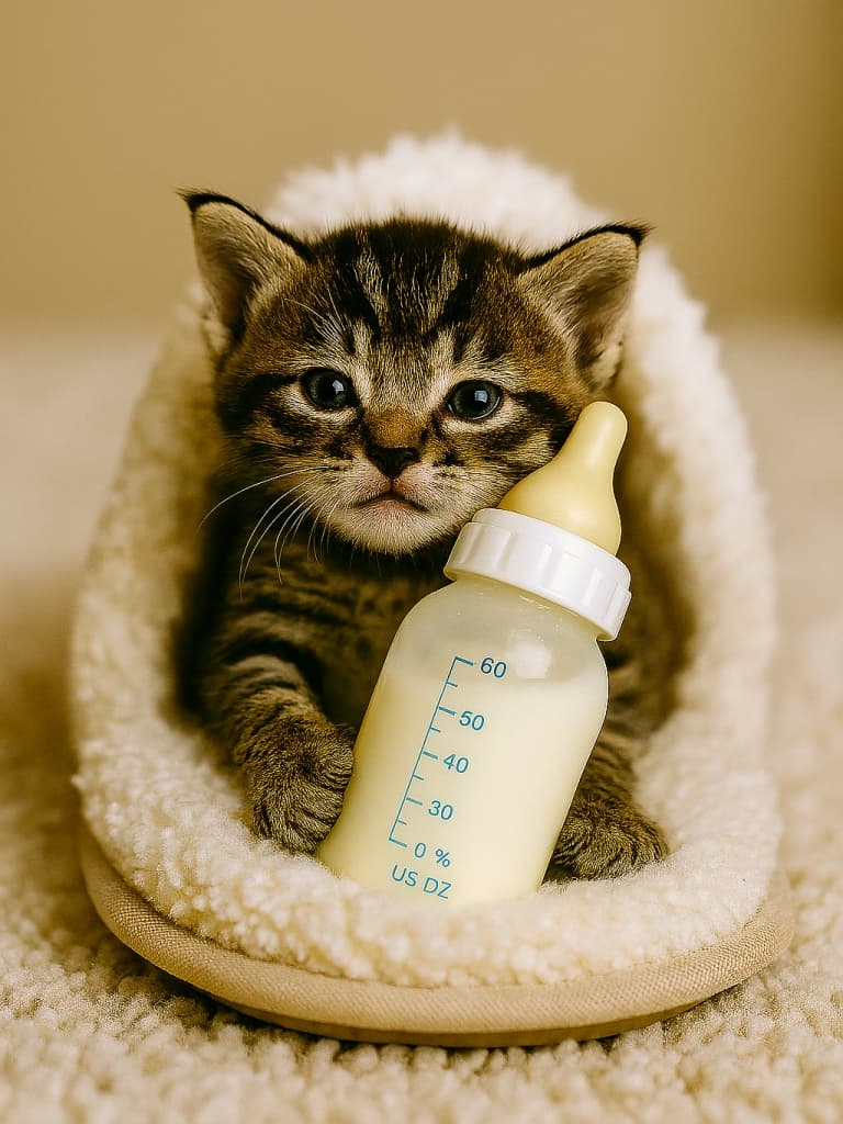 ふわふわのクリーム色スリッパにすっぽり隠れた手のひらサイズのキジトラ子猫が、顔をちょこんと出して哺乳瓶からミルクを飲んでいる様子。『かくれんぼ名人』の続きシーンで、安心感と愛らしさを伝える