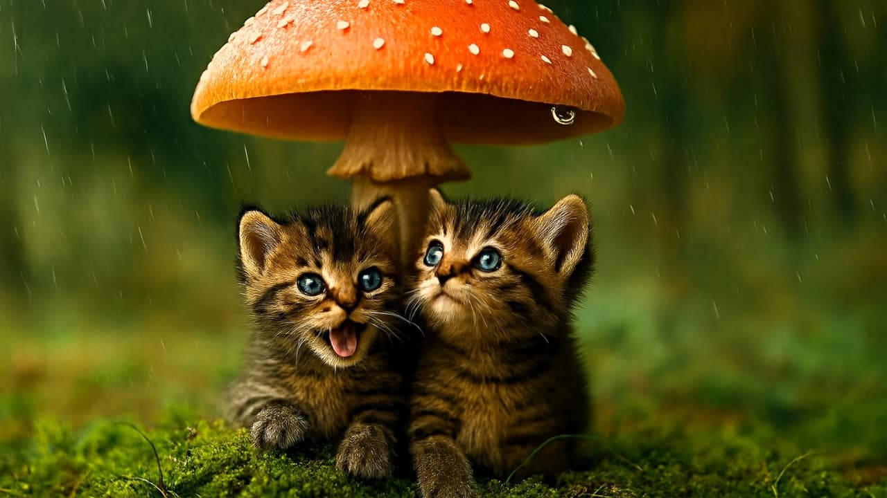 横長構図で、オレンジ色のキノコの下に並んで雨宿りする二匹の子猫。背景には緑の森が広がり、雨粒が舞っている