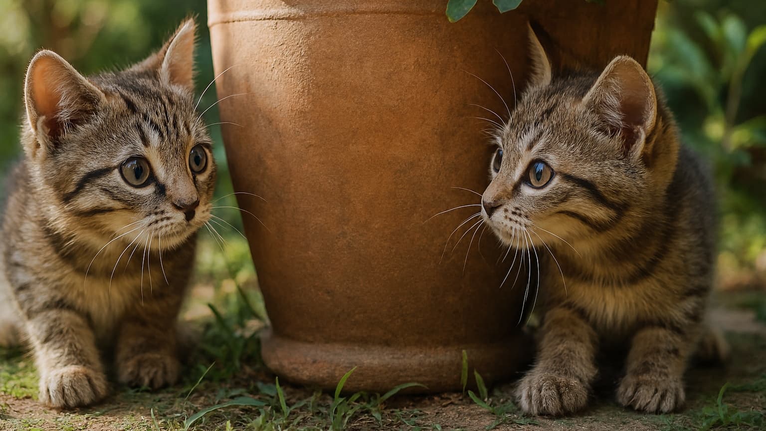 庭の植木鉢の陰からお互いを覗き合う2匹の子猫。遊び心と好奇心に満ちた愛らしい瞬間