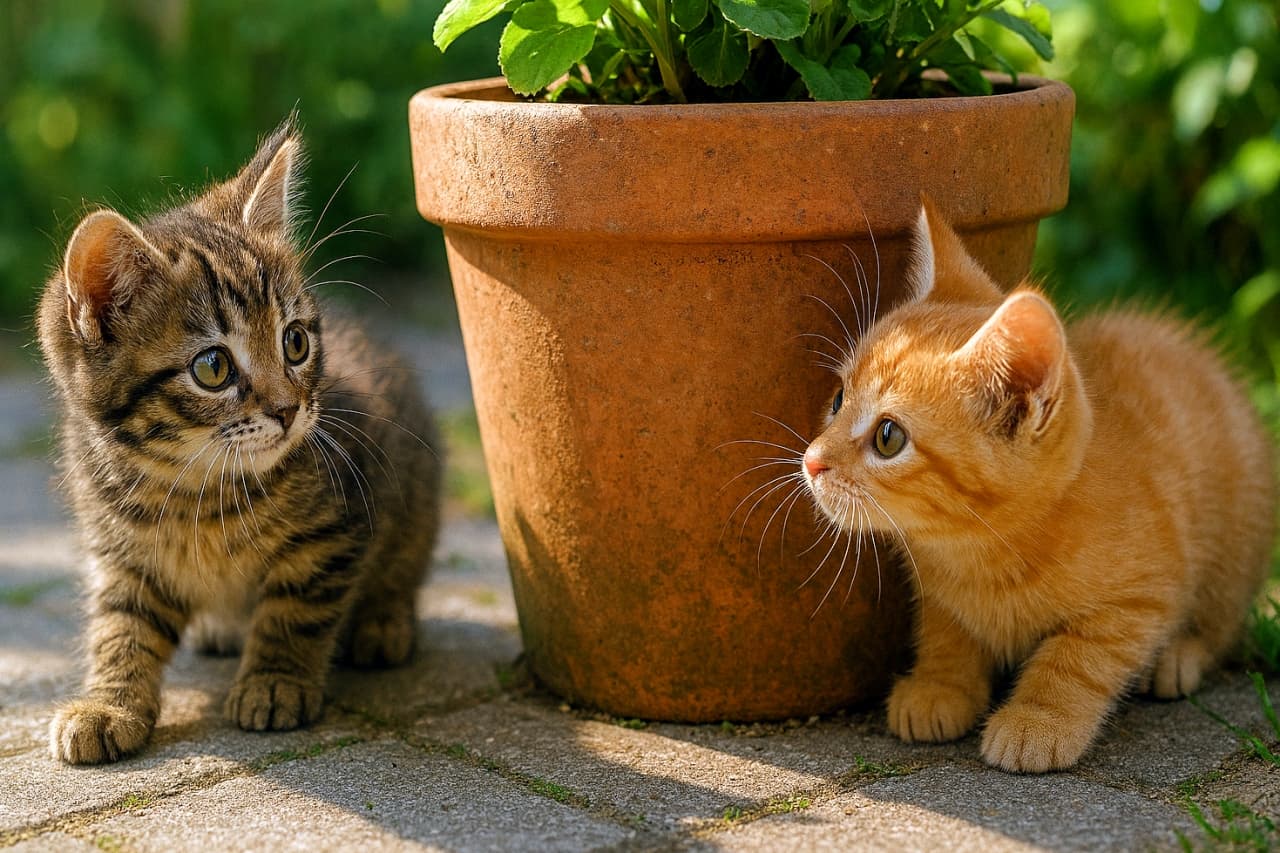庭の大きなテラコッタ植木鉢の両側から、1匹はふわふわのキジトラ子猫、もう1匹は短毛の茶トラ子猫が顔を覗かせている。日差しが柔らかく差し込み、背景には緑の葉がぼんやりと映る。2匹は耳を立て、目を丸くしてお互いを見つめ合い、遊びに誘うような表情をしている