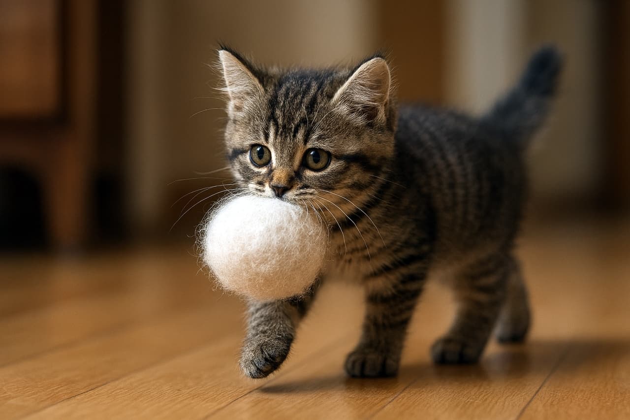 白い毛玉をくわえて部屋を歩き回るふわふわ子猫のリアル写真。高画質で毛並みや表情が鮮明