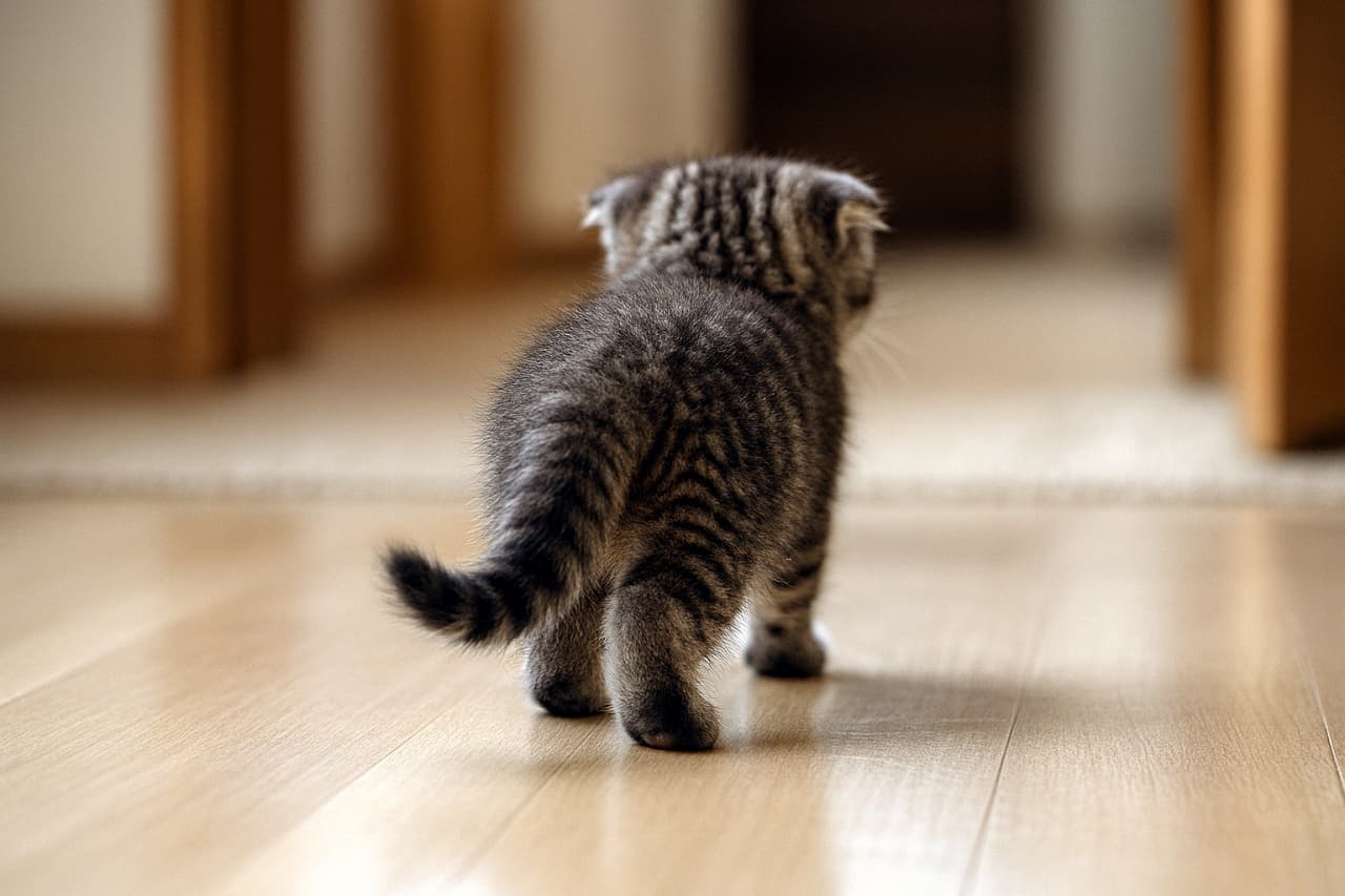 室内の明るい木の床を、ふわふわのグレーのスコティッシュフォールドの子猫が歩いている後ろ姿。小さく丸まった耳と、縞模様のしっぽが少し上向きにカーブしている。背景は柔らかくぼかされ、奥にカーペットと開いたドアが見える