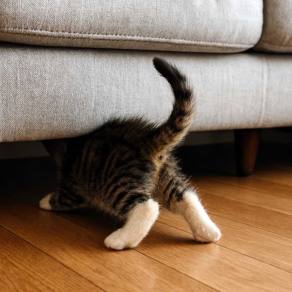 ソファの下に頭と前足を隠し、後ろ足としっぽだけが見えている縞模様の子猫。木の床の上で遊んでいる様子