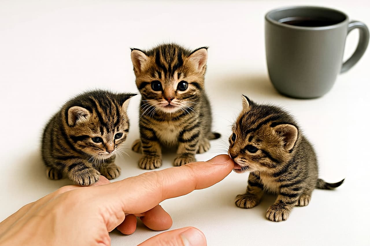 白いテーブルの上で人の指と遊ぶ3匹の小さなキジトラ子猫。1匹は指を軽く噛み、1匹は見つめ、もう1匹は後ろで観察している。背景にはグレーのマグカップと黒いコーヒー